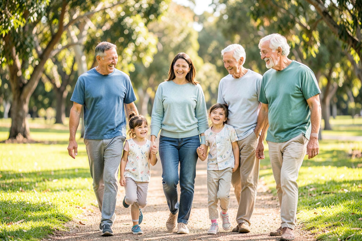 A multi-generational family — grandparents, parents and young children — walking together in a sunny park