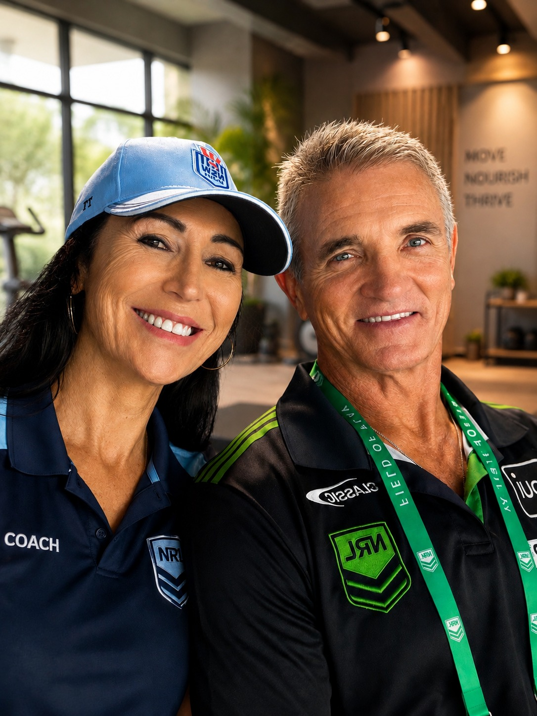 Jackie and David, health consultants and longevity coaches, in their coaching attire at a sports facility