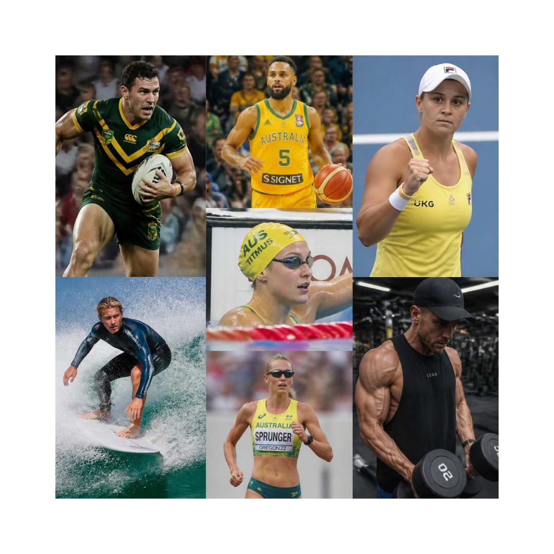Australian athletes in motion across rugby league, basketball, tennis, swimming, surfing, running and gym training