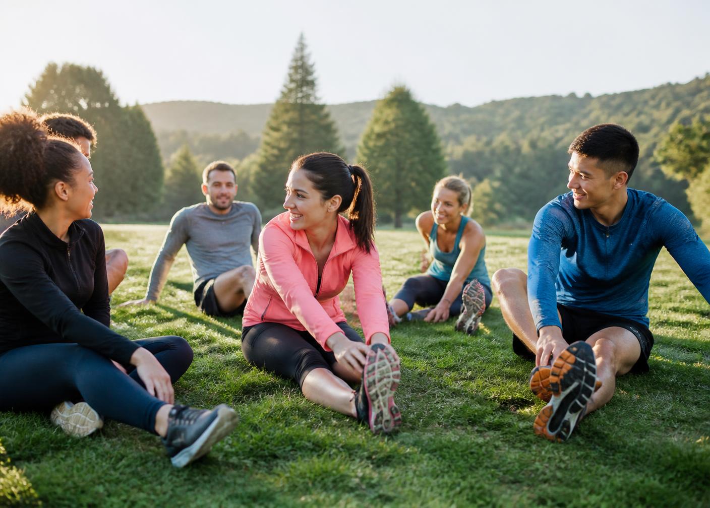 Group of active adults training together outdoors