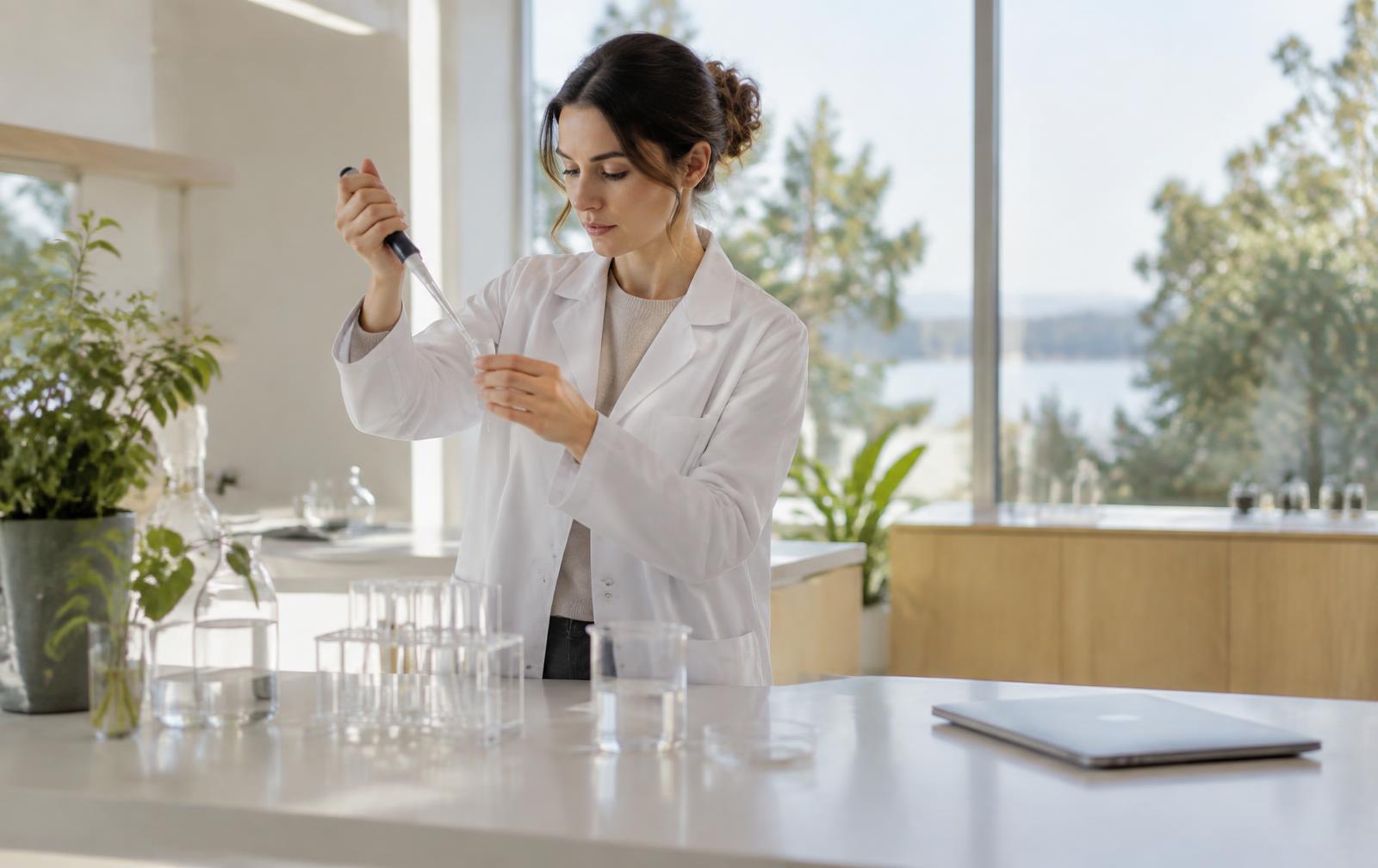 Researcher pipetting a sample at a bright, modern laboratory bench