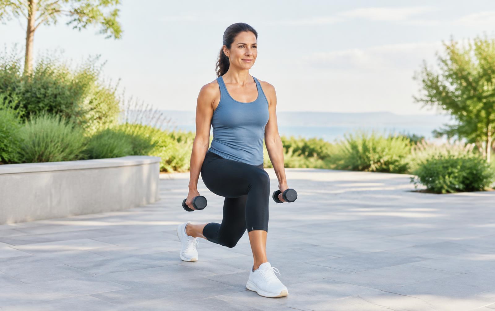 Adult performing a controlled strength exercise with light weights