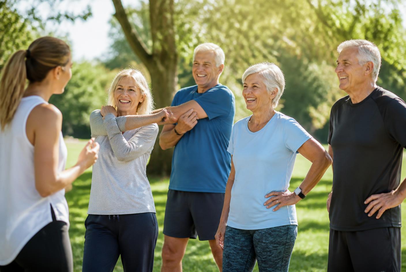 Active adults stretching together outdoors after a movement session
