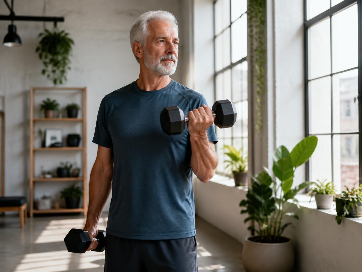 A man in his sixties training with light dumbbells in a bright studio