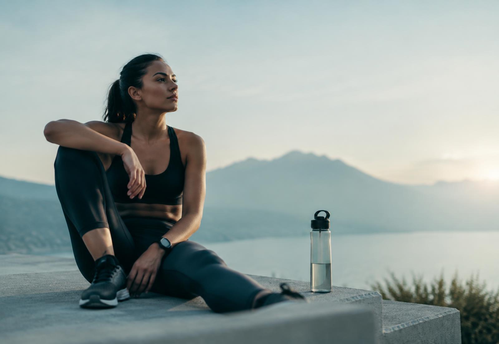 Athlete resting and breathing after a training session at sunrise